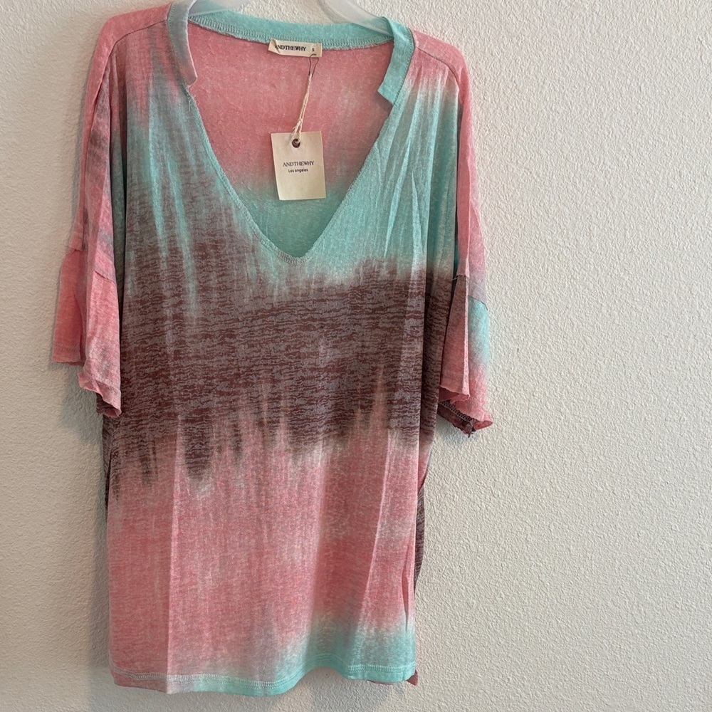 AndtheWhy V-Neck Tunic in Pink and Blue Tie Dye Oversized Lightweight Summer